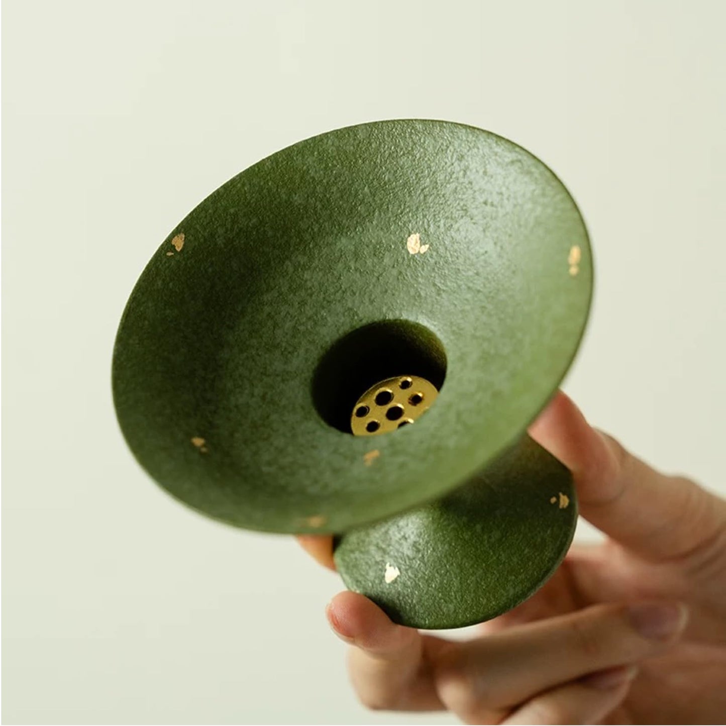 Hermit Life Incense Stick Holder with Fresh Lime-Green Glaze, Ceramic Incense Burner with Ash Catcher, Candlestick Holder for Table Décor (Round Rim)