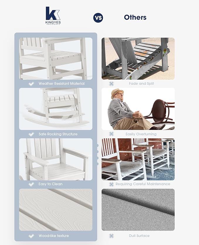 KINGYES HDPE Rocking Chairs Outdoor, Patio Rocking Chairs with 330lbs Support, Smooth Porch Rocker for Deck Lawn Yard, White