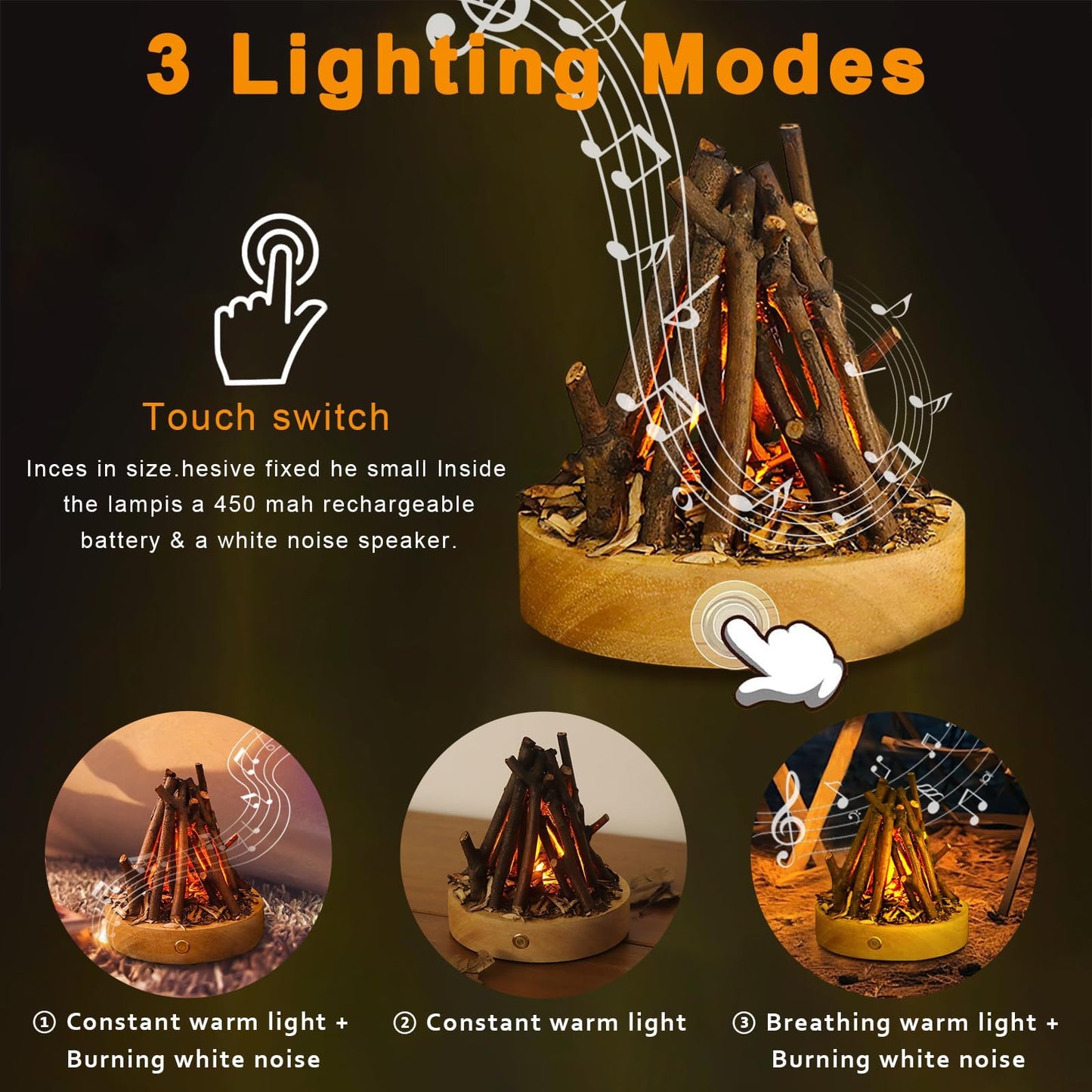 Zsiey Handmade Wooden Simulated Bonfire Lights, Desktop Decorative Halo Lights, Creative Log Bonfire Night Lights USB Charging flameless Candles Three Modes LED Flashing Breath Flame (Art Deco)