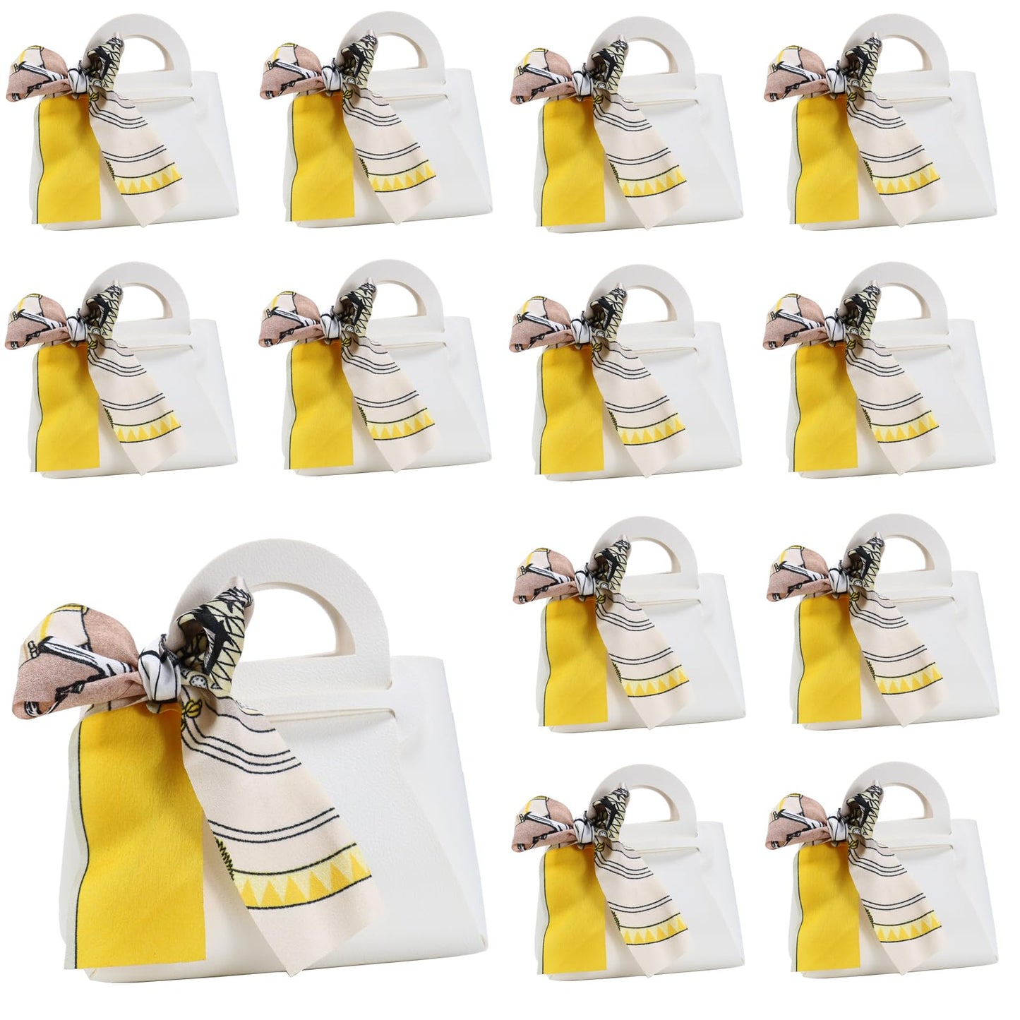 LPEIEB 12 Pack Leather Ribbon Candy Bag Gift Bags PU Wedding Gift Bags with Handle Ribbon Reusable Party Favor Boxes for Weddings Birthdays Christmas Baby Showers Halloween(White)