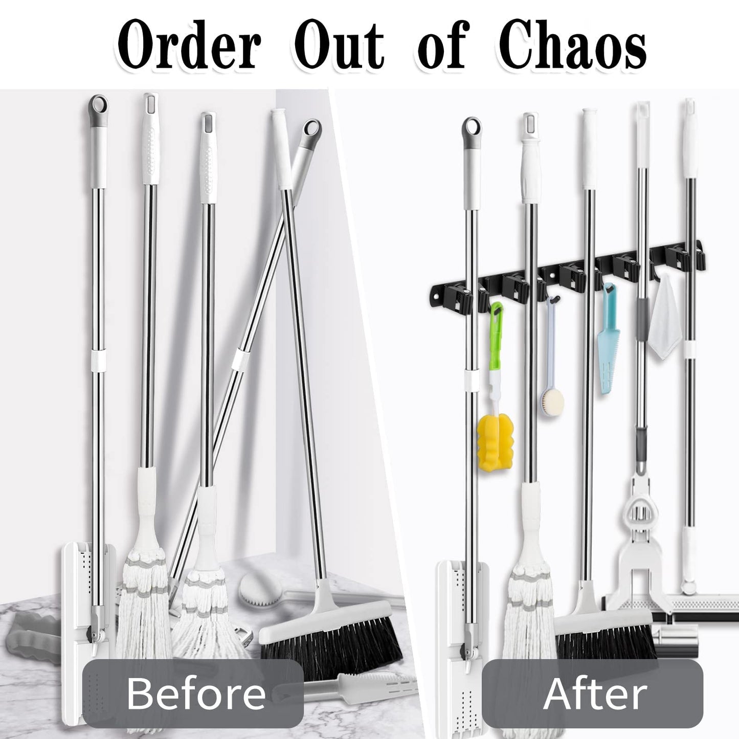 AceMining 5 Racks and 4 Hooks Mop and Broom Holder Wall Mount, Broom Organizer Storage Tool Racks Stainless Steel Heavy Duty Hooks Self Adhesive Solid Non-slip for Home Kitchen Garden Laundry Garage