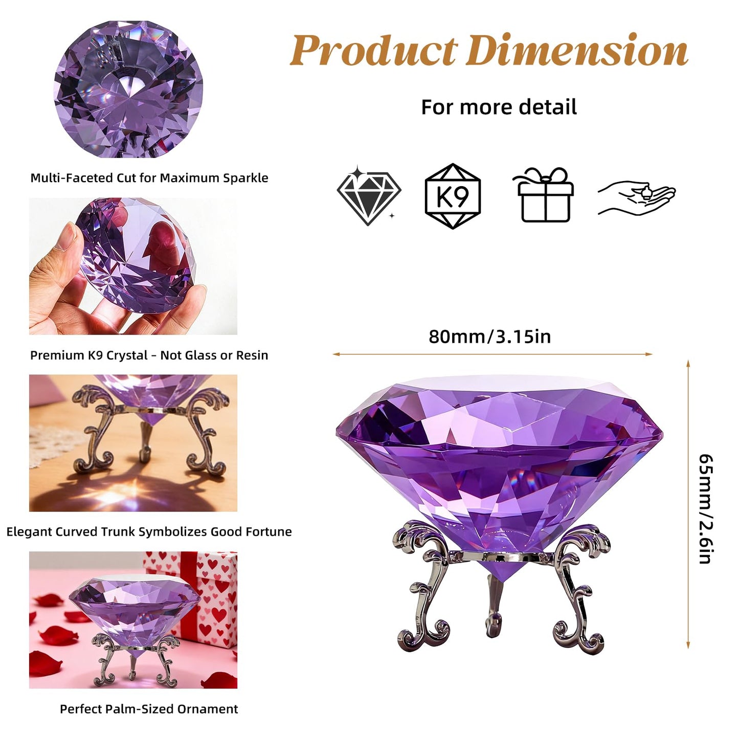 MysticGlitz Purple Crystal Diamond Centerpiece, 3.15 Inch Large Fake Diamond Prism with Silver Base for Wedding Table Decor Home Decoration Glass Jewel Rainbow Effect