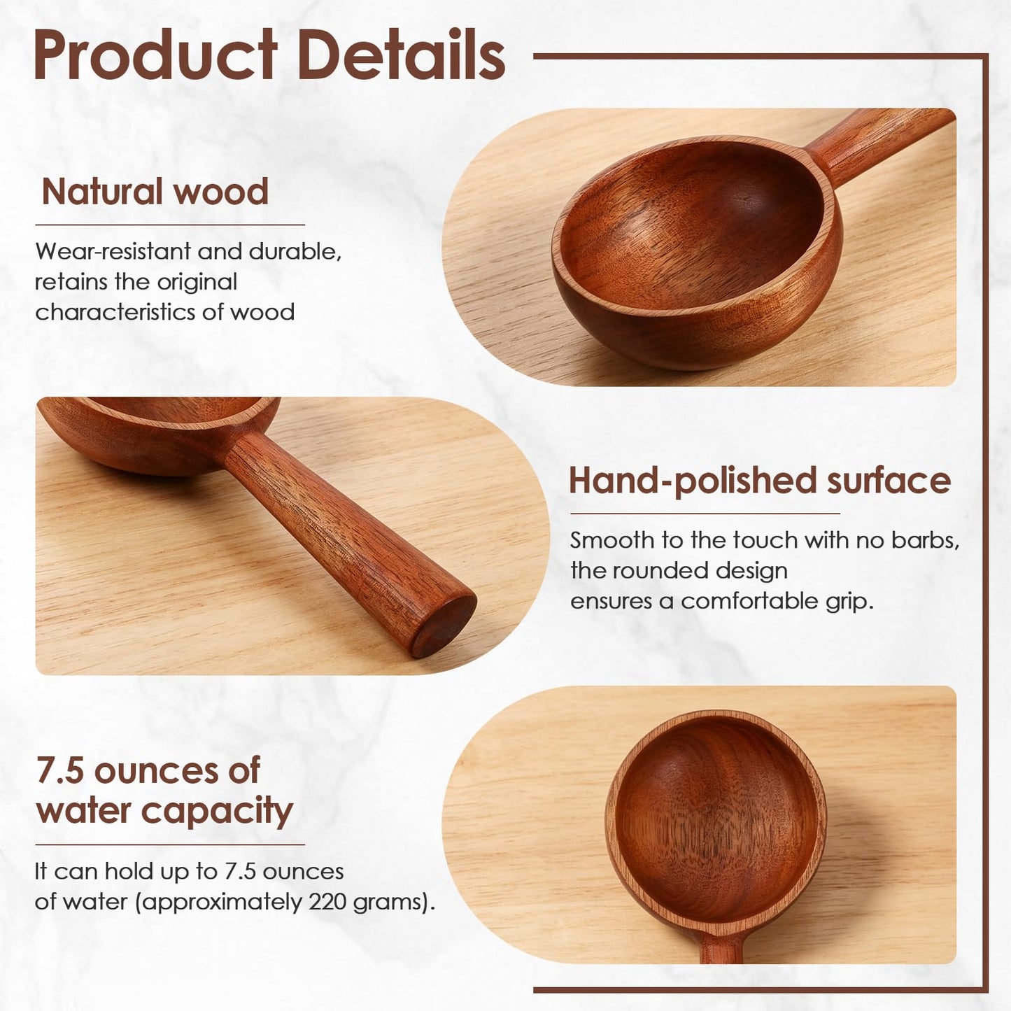 GALUBUBU Wooden Ladle, Large Wooden Scoop, Korean Style Solid Wood Serving Spoon for Bath Salt, Rice, Soup, Flour, Coffee Beans, Deep Jar Scoop for Kitchen, Sauna, Canisters