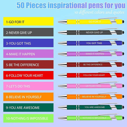 Greengines 50 Pcs Inspirational Pens - Motivational Ballpoint Pens Bulk with quotes Stylus Tip Gifts for School Coworkers Office Supplies Black Ink