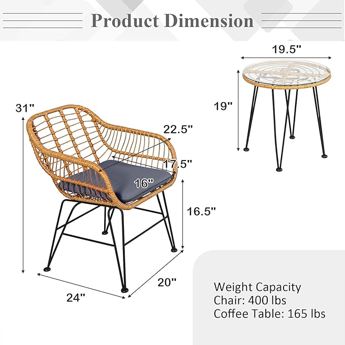 Tangkula 3 Pieces Patio Bistro Set, Rattan Conversation Set