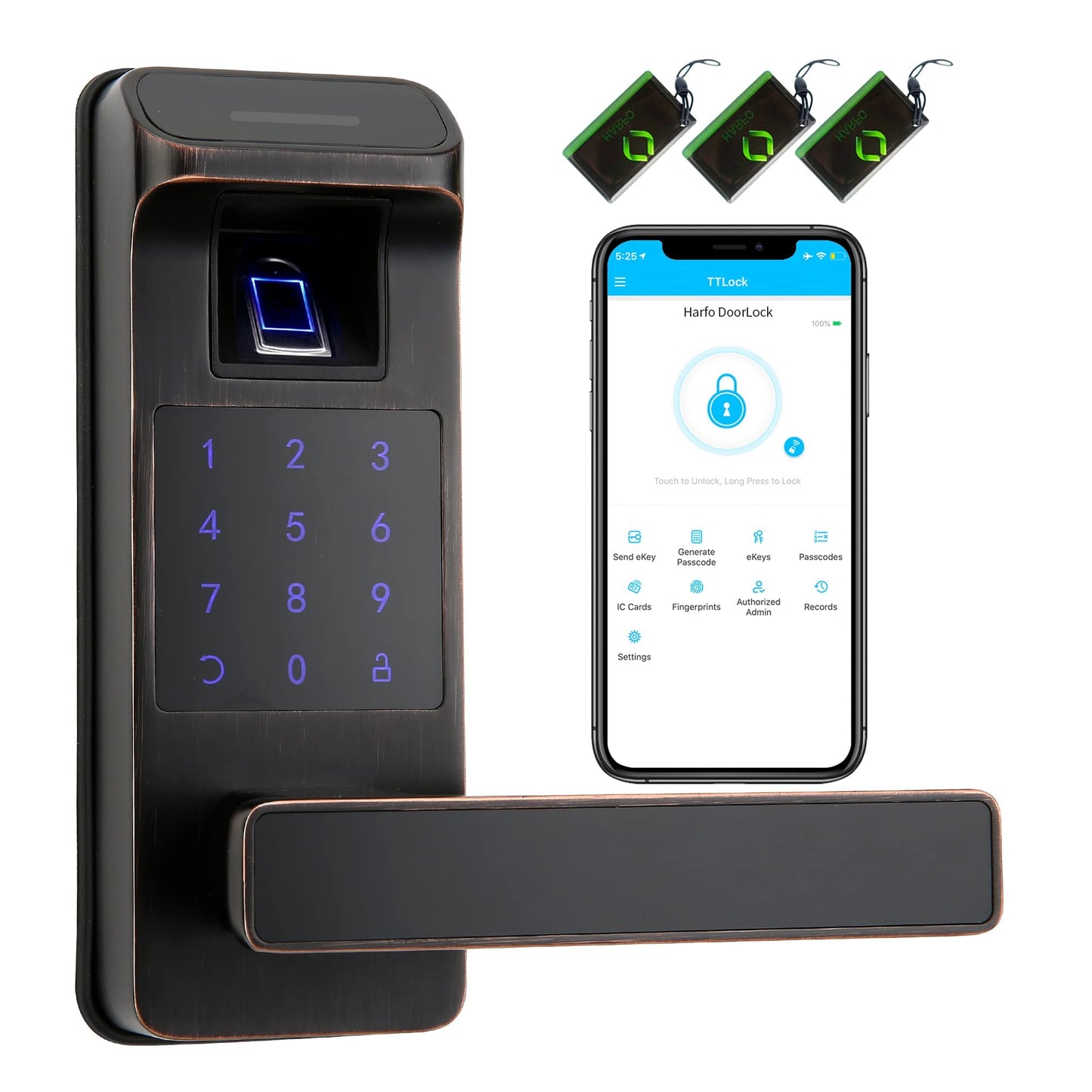 Harfo Smart Door Lock, Heavy Duty 5 in 1 Keyless Entry Door Lock, Full App Control Digital Keypad Lock, Reversible Handle with Fingerprints and Passcodes for Family/Office/Apartment (Gold)