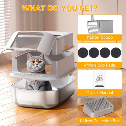 Stainless Steel Cat Litter Box with Lid, XL Extra Large Metal Litter Box for Big Cats, 180° Flip Cover Enclosed Top Entry Litter Boxs with High Sided Enclosure & Scoop, Non-Sticky, Anti-Leakage