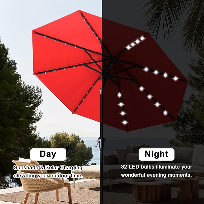 ABCCANOPY Durable Solar Led Patio Umbrellas with 32LED Lights 11FT（Red）