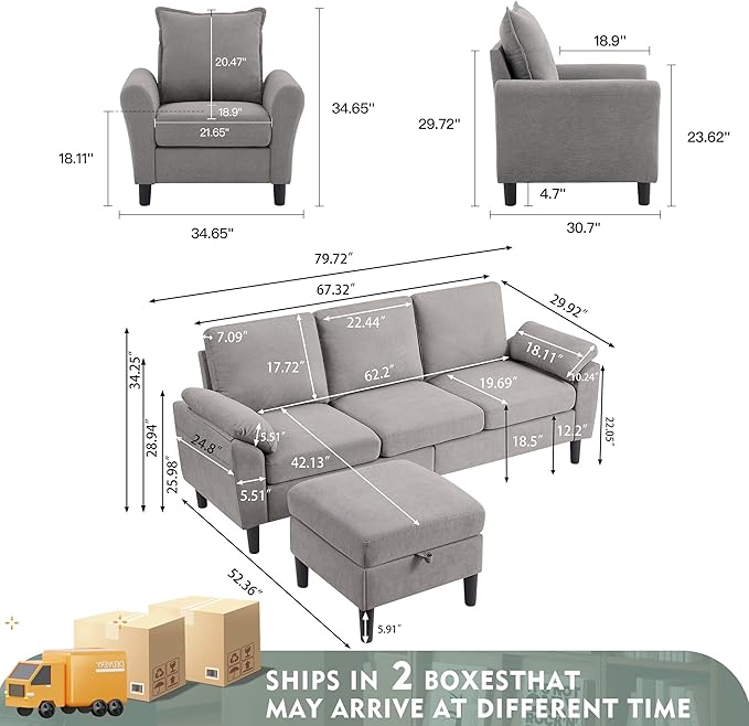 79" Convertible Sectional Sofa Set, Modern Linen Small L Shaped Couch