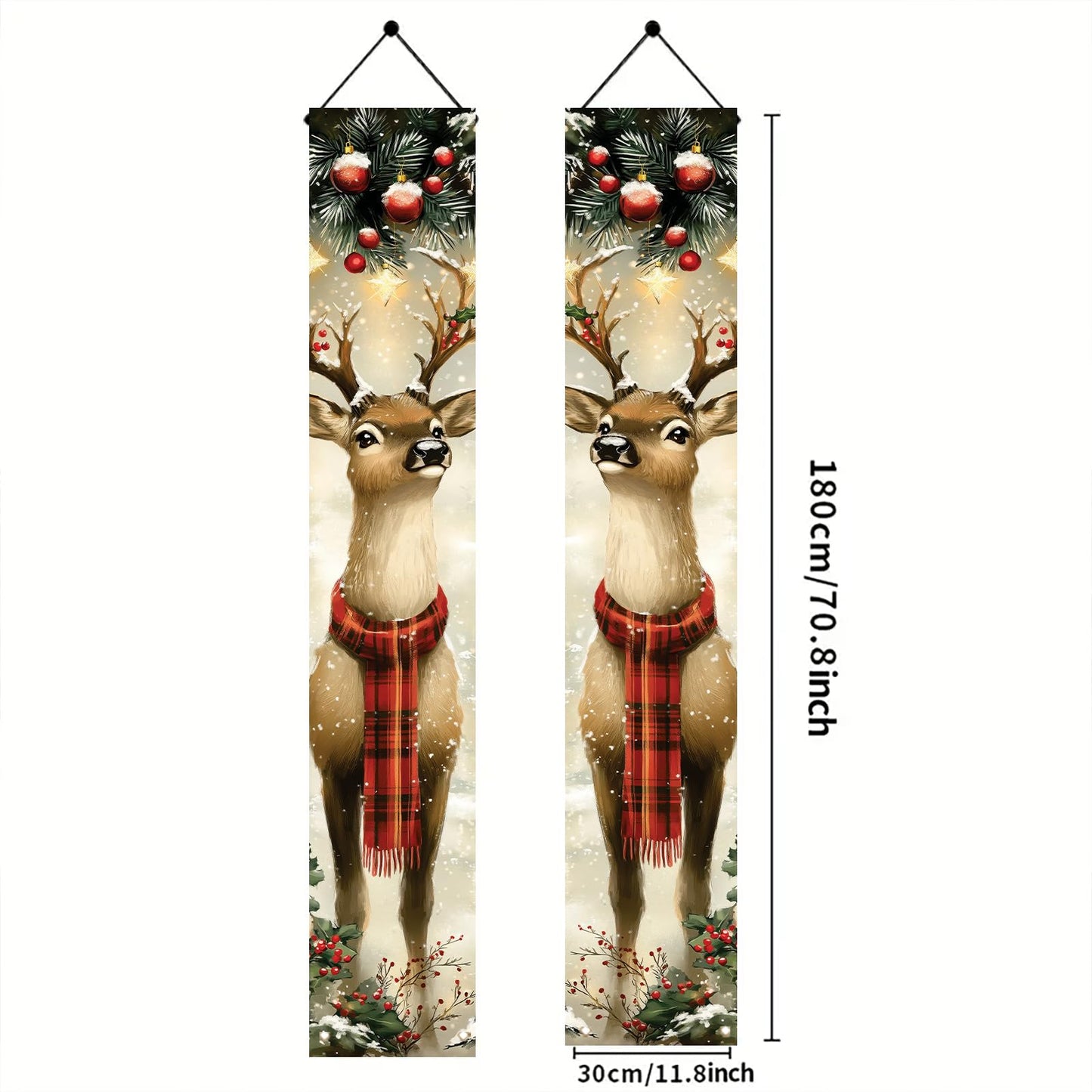 Saoplasa 2PCS Christmas Porch Banner Reindeer with Scarf Vertical Hanging Decorations for Front Door Outdoor Winter Holiday Welcome Sign Plaid Deer Wall Decor Xmas Entryway Background 71 x 12 Inch