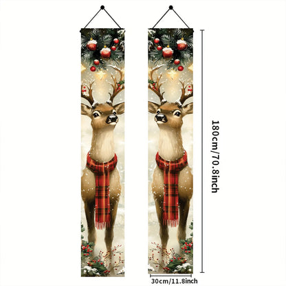 Saoplasa 2PCS Christmas Porch Banner Reindeer with Scarf Vertical Hanging Decorations for Front Door Outdoor Winter Holiday Welcome Sign Plaid Deer Wall Decor Xmas Entryway Background 71 x 12 Inch