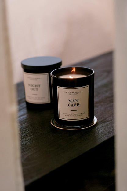 LEOBEN CO – Man Cave Scented Mens Candle – 9oz, Masculine Collection Design – 50 hr Burn Time – Poured in California Using Vegan Soy Wax and Essential Oils – Made in Small Batches