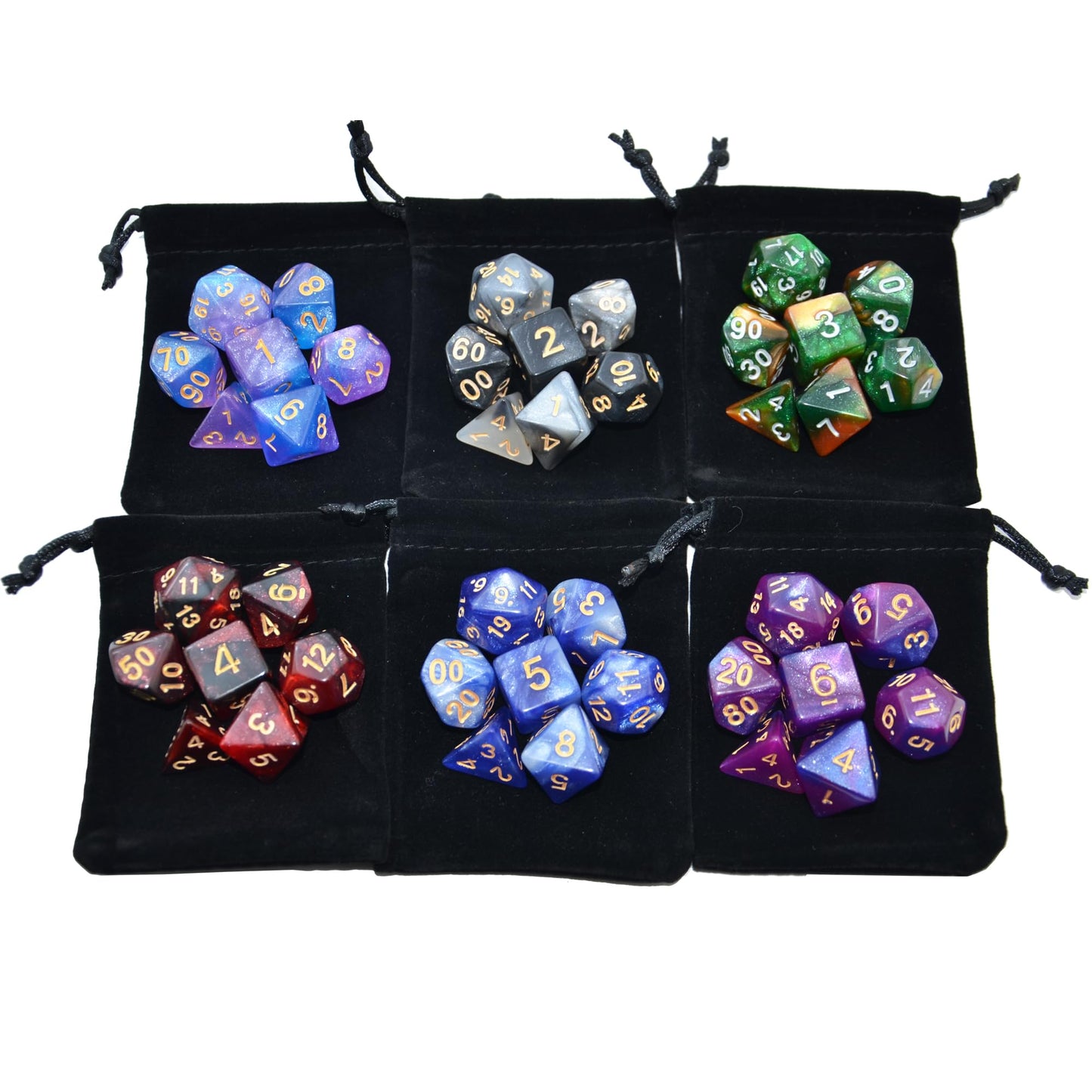 SmartDealsPro 6 x 7 Sets (42 pcs) Glitter Polyhedral Dice Sets with Pouches for DND RPG MTG Dungeon and Dragons Table Board Roll Playing Games D4 D8 D10 D12 D20 (Color 2)