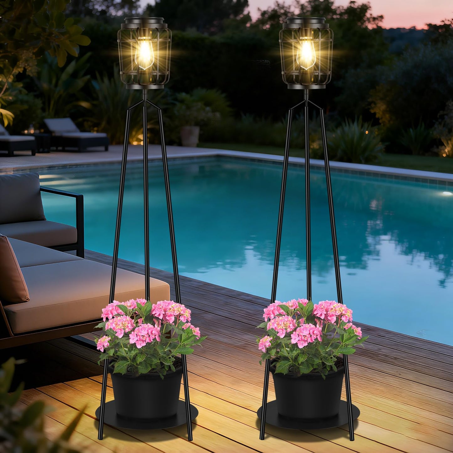 TOWPONICS 2-Pack Solar Lights with Plant Stands, 40.75'' Solar Powered Outdoor Floor Lamp with Planter, IP65 Waterproof Outdoor Lamp for Patio Deck Porch Yard Garden Decor, 8-12 Hours Lighting