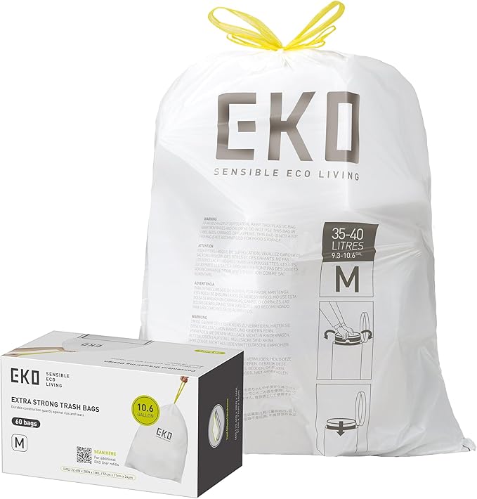 EKO 10.6 Gallon / 35–40 Liter Drawstring Trash Bags, Extra-Strong Leak-Resistant