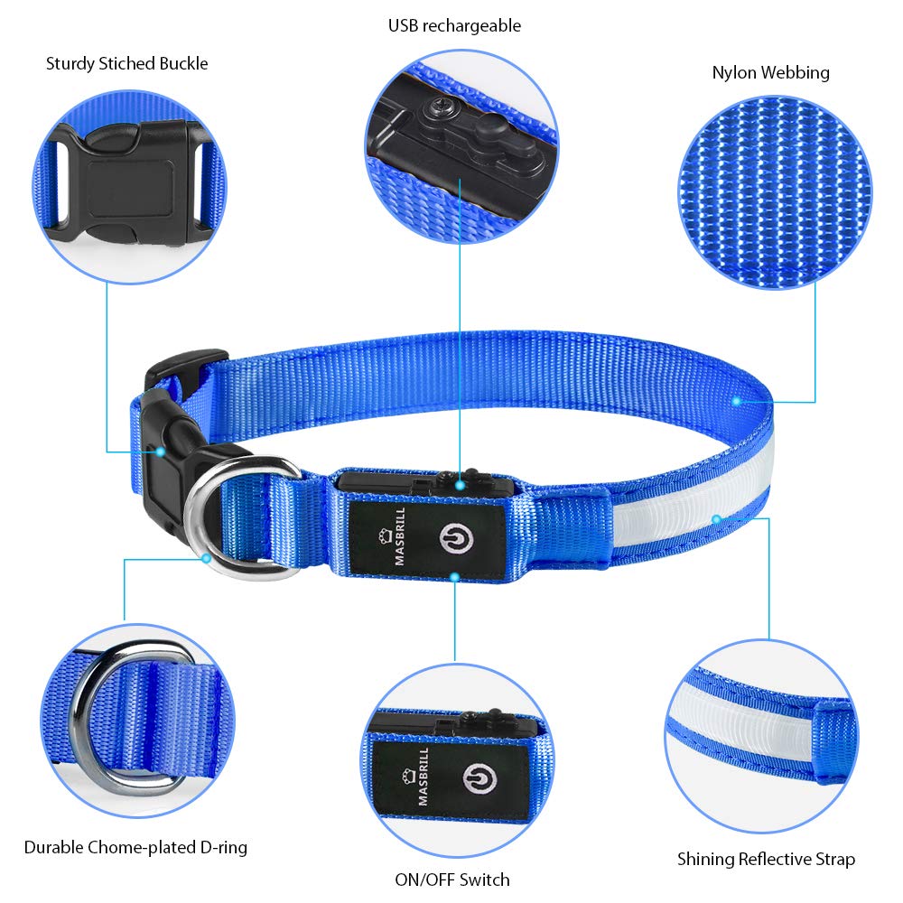 MASBRILL Light Up Dog Collar, LED Dog Collar Lights for the Dark, Rechargeable and Waterproof Flashing Dog Collars with 3 Glowing Modes, Adjustable Pet Collar for Small/Medium/Large Dog(Blue M)