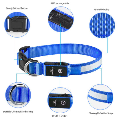 MASBRILL Light Up Dog Collar, LED Dog Collar Lights for the Dark, Rechargeable and Waterproof Flashing Dog Collars with 3 Glowing Modes, Adjustable Pet Collar for Small/Medium/Large Dog(Blue M)