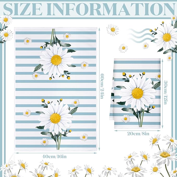 Boyiee Set of 6 Daisy Flower Kitchen Towels Daisy Stripes Tea Towels Floral
