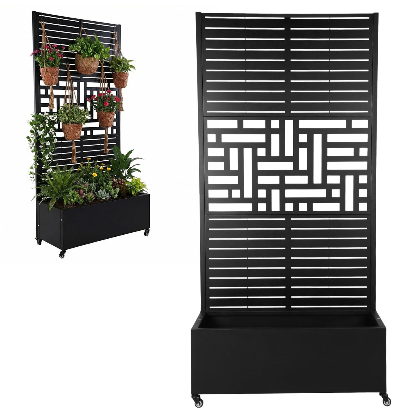 FASDRESS Metal Planter Box with Trellis Standing Planter Box for Climbing Plants/Vines Raised Garden Bed On Wheels 70.87x35.43x15.75 Inch (01)