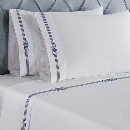 Superior Embroidered Cotton Bed Sheet Set, 1 Elastic Deep Pocket Fitted Sheet, 1 Flat Sheet, 2 Pillowcases, Daily Soft Sheets, Luxury, Elegant Design, Moonlawn Collection, Queen Size, White/Navy Blue