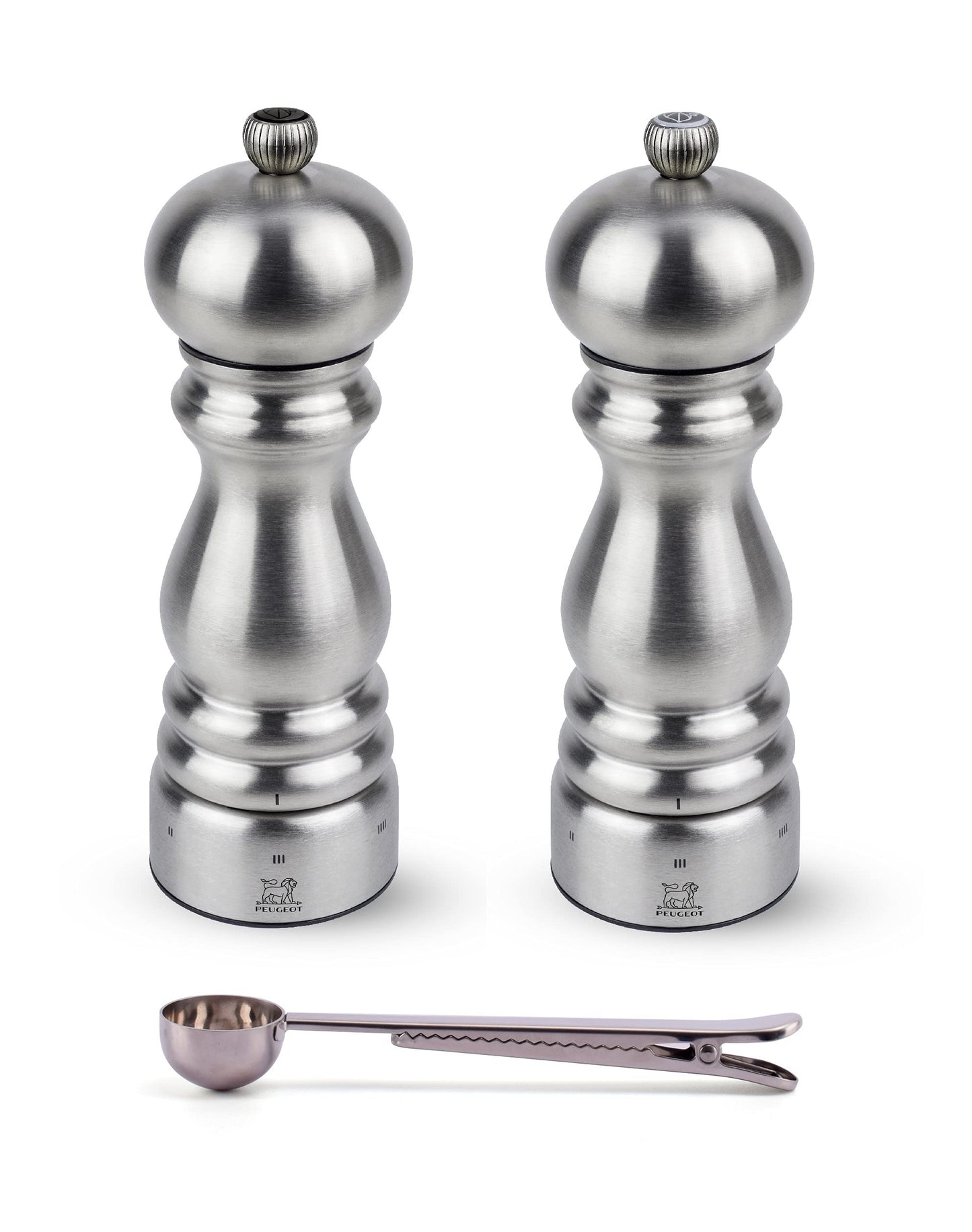 Peugeot Paris u'Select 6 Setting Manual Stainless Steel Salt & Pepper Mill Set With Stainless Steel Spice Scoop Made In France (7- Inch)