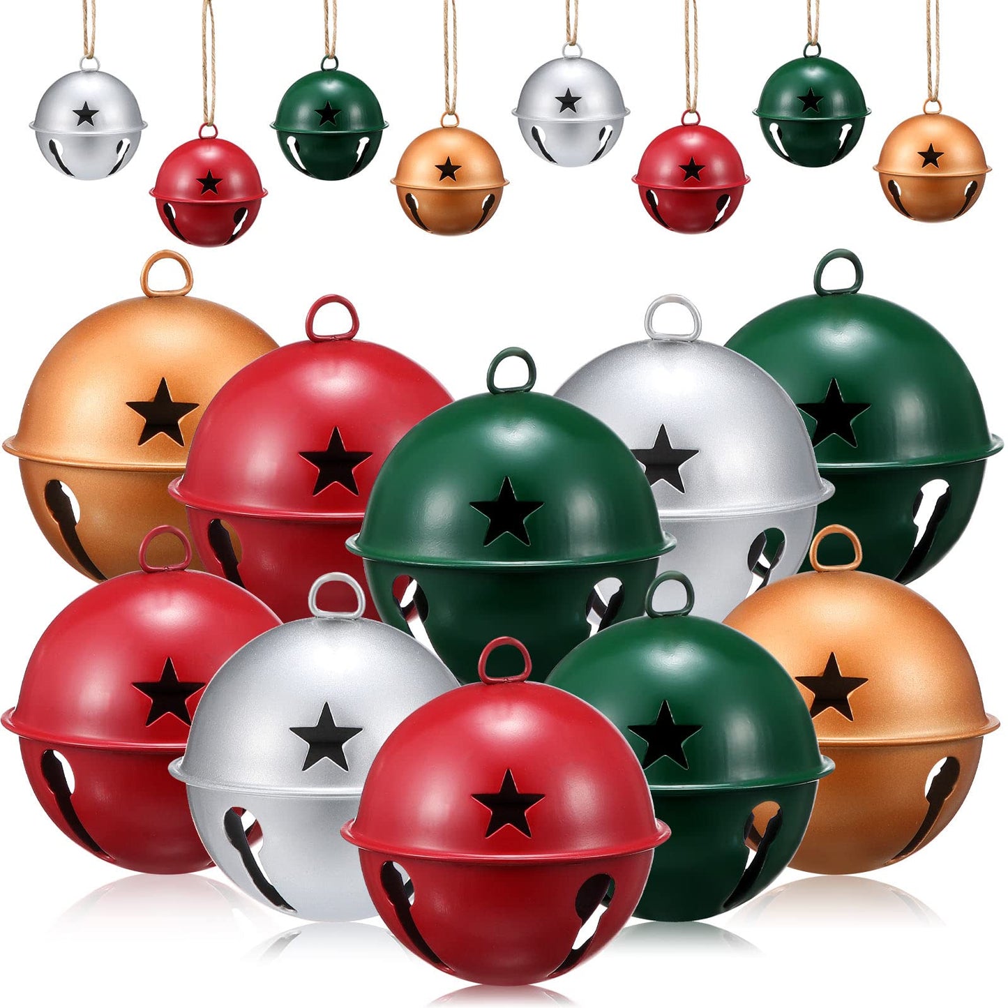 Zubebe Christmas Bells Jingle Bells Large 2.5 Inch Star Cutout Ornament for Crafts Christmas Tree Decor Gift Wrapping(Matte Red, Green, Gold, Silver,12 Pcs)