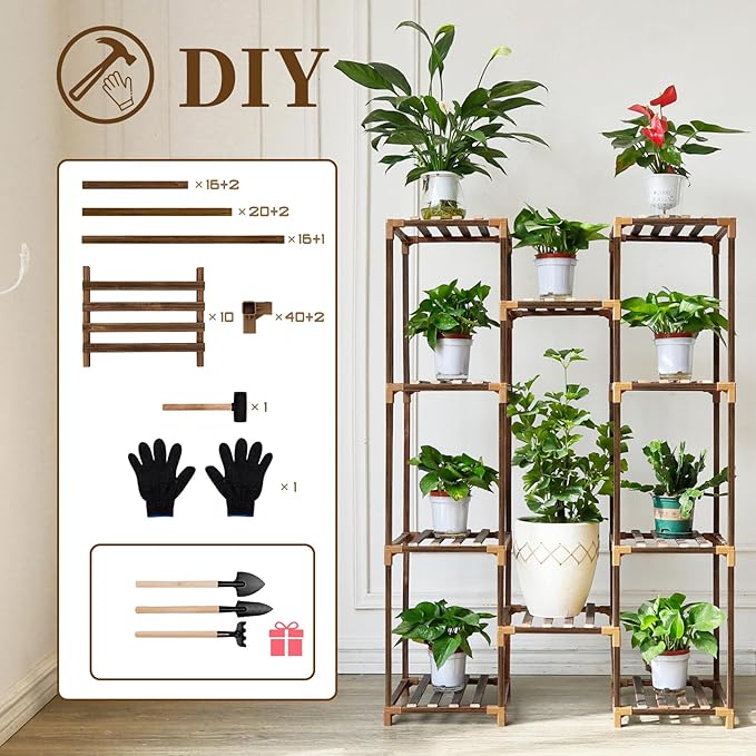 Uneedem Plant Stand Indoor Outdoor, Tall Plant Shelf for Multiple Plants, 10 tiers 11 Pot Large Plants Holder Rack Wood Plant Shelves for Room Corner Balcony Garden Patio