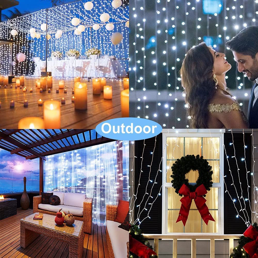 Whywhife Solar Curtain Lights Outdoor Garden 300 LED Fairy String Lights 8 Modes Remote Control Waterproof Waterfall Lights for Gazebo Patio Home Festival Wedding Wall Christmas Decorations(White)