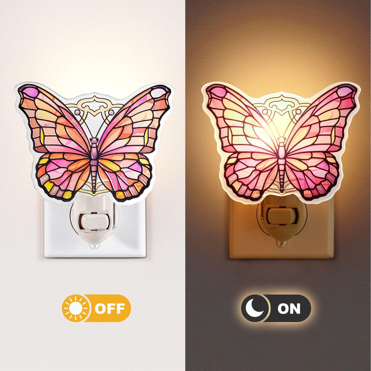 VOUWOWOX Pink Butterfly Night Light – Stained Glass Styled Plug-in Wall Light for Vertical Outlets – Real Glass, Warm Glow for Bedroom, Bathroom, Hallway – Gift for Butterfly Lovers