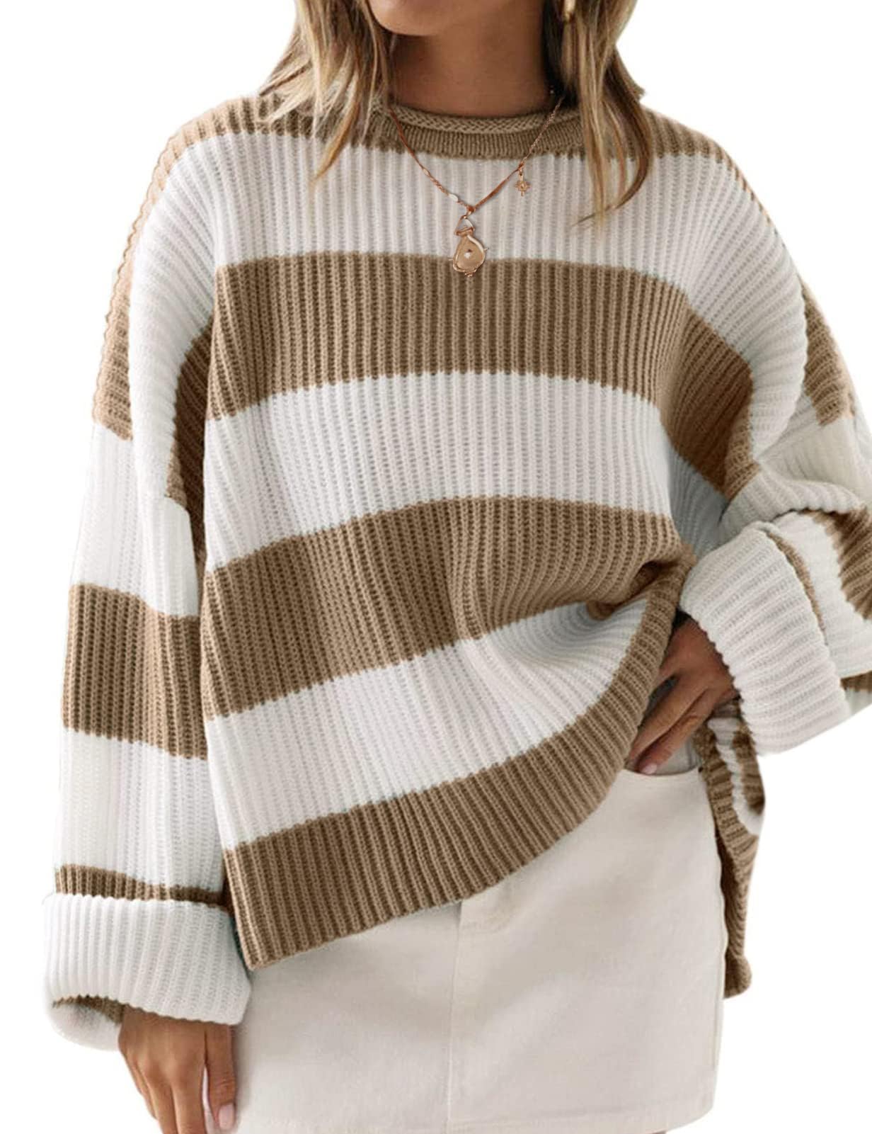 ZESICA Women's 2025 Fall Long Sleeve Oversized Striped Color Block Comfy Loose Crew Neck Knitted Pullover Sweater