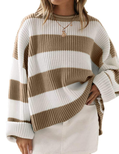 ZESICA Women's 2025 Fall Long Sleeve Oversized Striped Color Block Comfy Loose Crew Neck Knitted Pullover Sweater