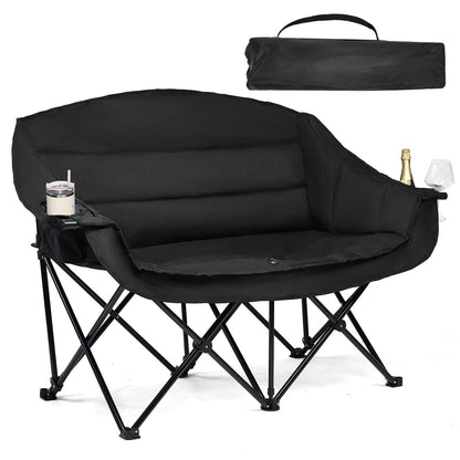 Double Camping Chair Padded Loveseat Chair for 2 Person - Heavy Duty Oversized Camping Couch for Adults Outdoor Sports Lawn Beach Portable Folding XL Chairs with Cup Holders and Carry Bag, All Black