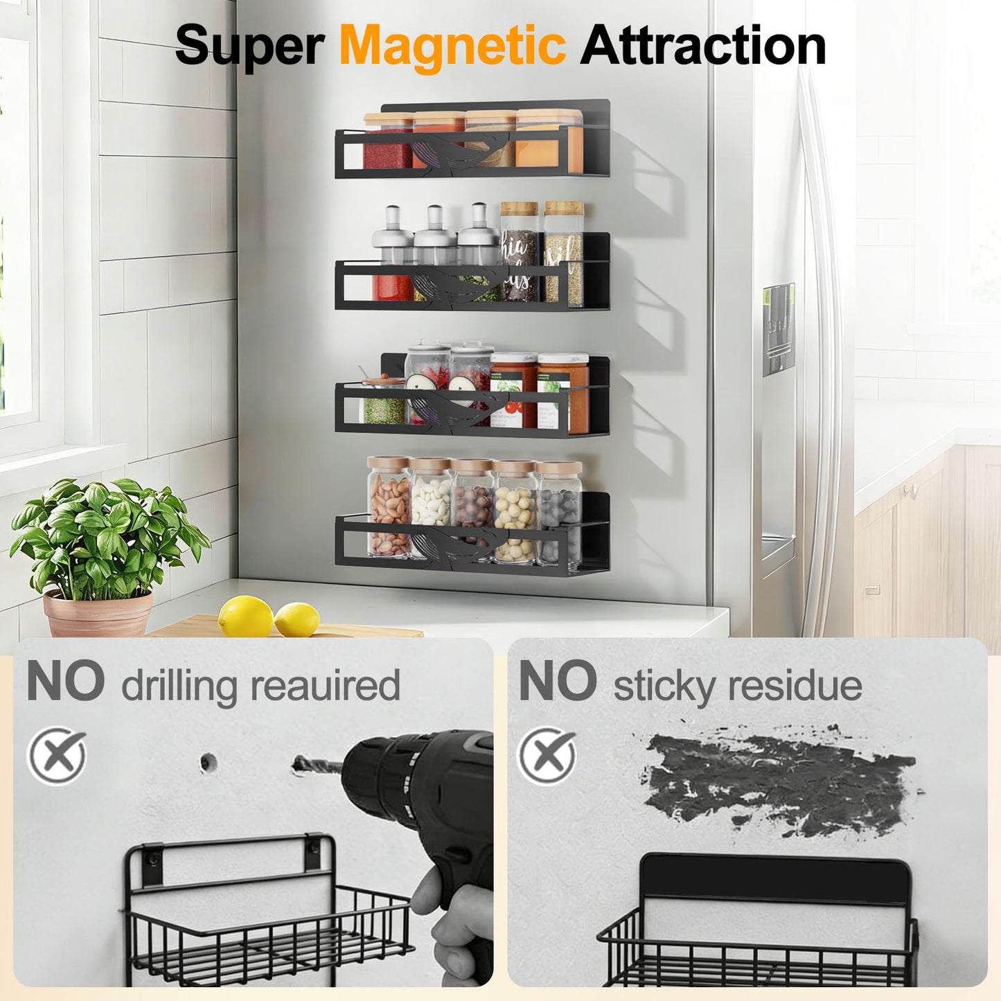 AURIKAR Magnetic Spice Rack for Refrigerator, 4-Pack Metal Seasoning Organizer for Kitchen Storage Organization, Magnetic Shelf for Fridge Space Saving Spice Organizer, Black