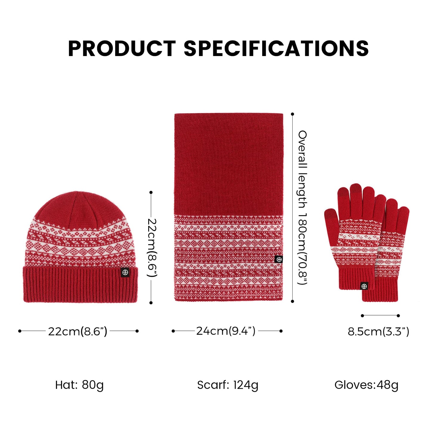 MA COWCF Womens Winter Beanie Hat Scarf Gloves Set, Touchscreen Gloves Long Scarf Thick Warm Knit Skull Caps Winter Gift for Women Men (Red)
