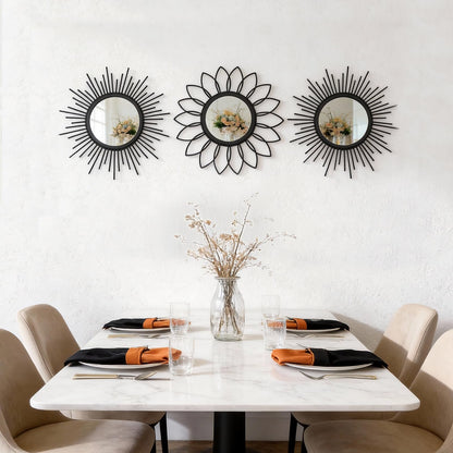 HMANGE Set of 3 Black Metal Sunburst Wall Mirrors - 12" Round Decorative Art for Living Room Bedroom Bathroom Entryway, No Assembly Required, Rust Resistant Design