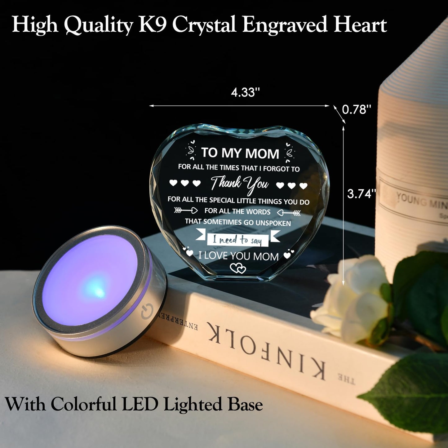 IFOLAINA Mom Birthday Gifts from Daughter Son to My Mom Crystal Heart Keepsake Gifts for Christmas Mother's Day Thanksgiving Day Engraved Mother Quote