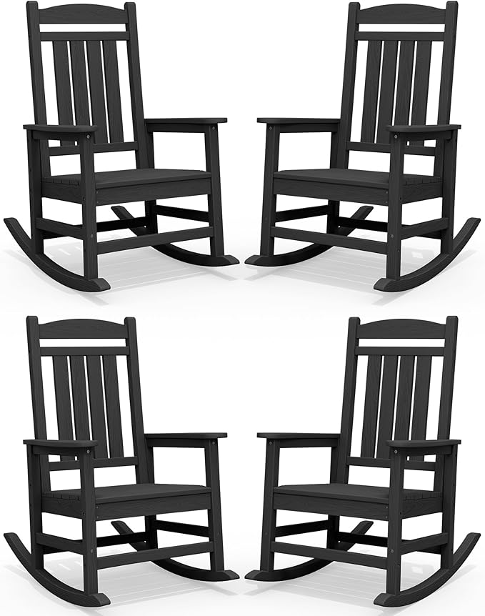 SERWALL HDPE Outdoor Rocking Chair Set of 4, Patio Rocking Chairs, All-Weather Porch Rockers for Adults, Black