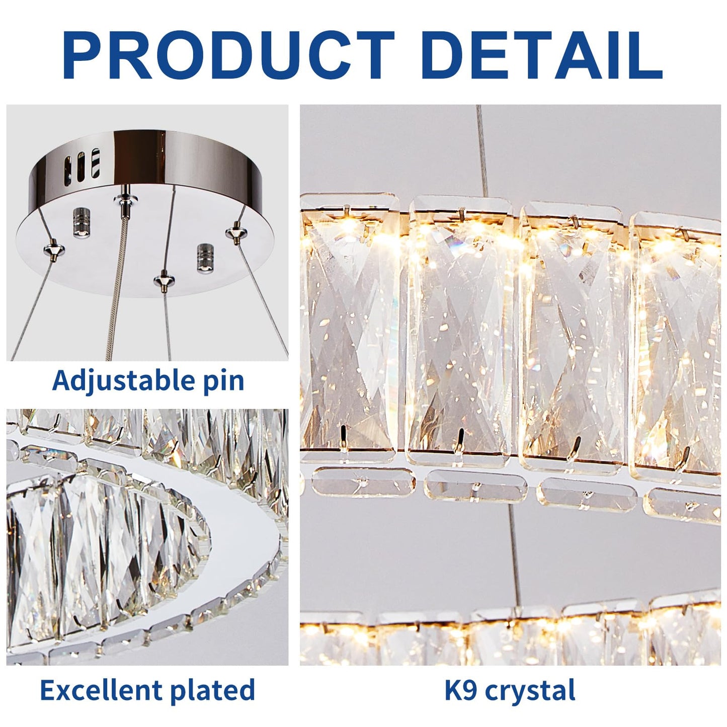 Depuley Modern LED Crystal Chandelier: 19.7" Ring Dimmable Pendant Light Adjustable for Dining Room - 30W Round Crystal Chandeliers for Bedroom Kitchen Over Table Living Room Porch Foyer