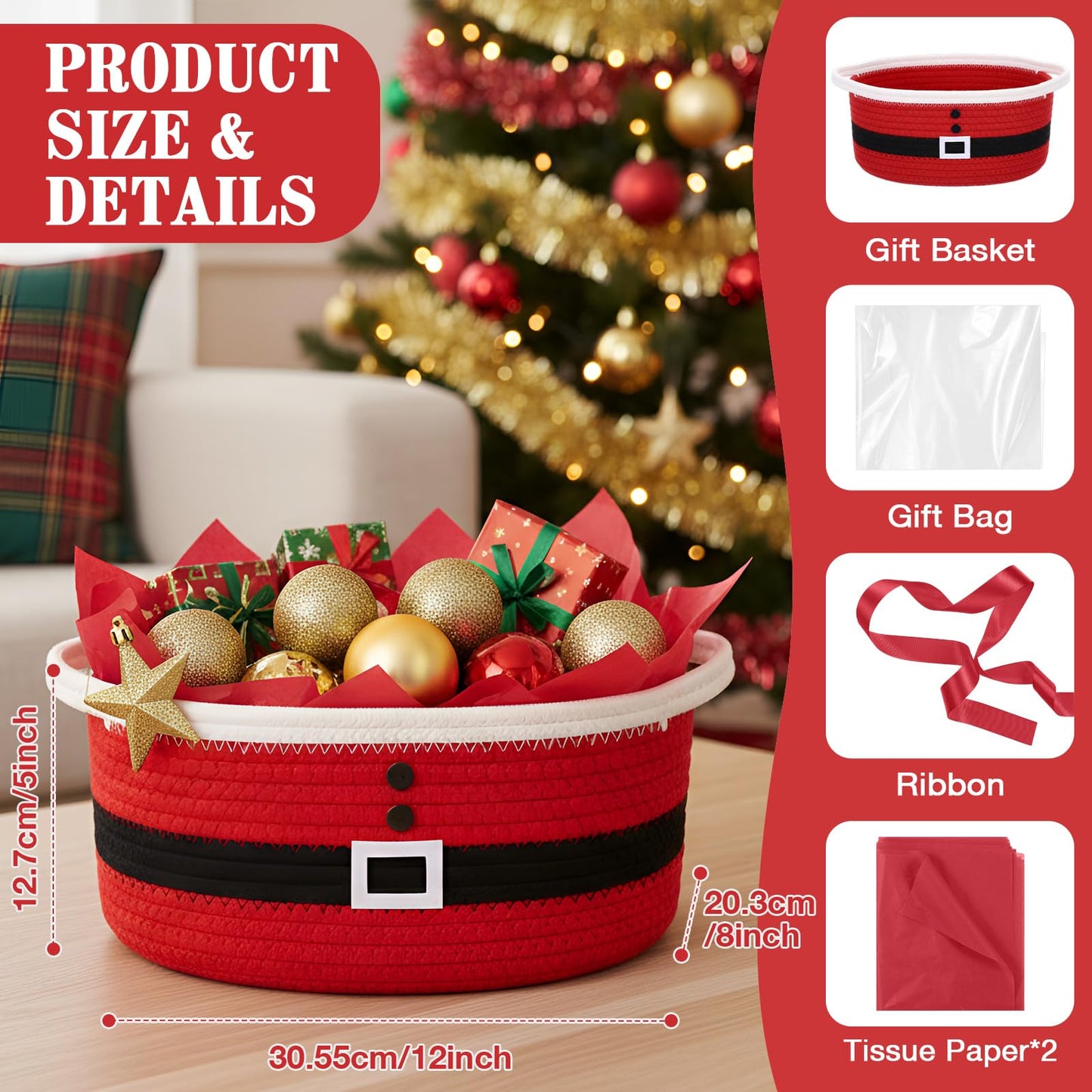 Zopeal Christmas Woven Basket with Gift Bag, Ribbon and Red Tissue Paper Santa Woven Bin Empty Shelf Basket Holiday Decorative for Xmas Gifts, 12 x 8 x 5 inch