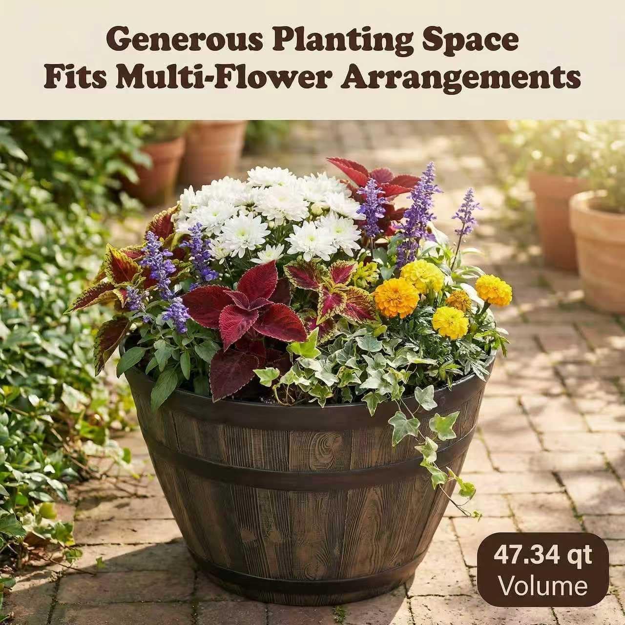 19.9 Inch Rustic Whiskey Barrel Planter - Durable Lightweight Plastic Plant Pot with Easy Knock-Out Drainage Holes, Indoor/Outdoor Barrel Planter for Outdoor Plants