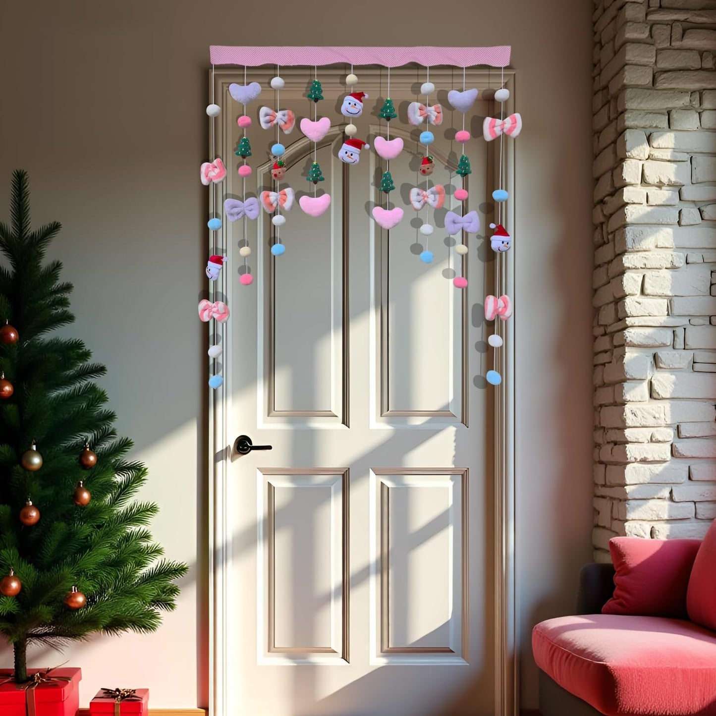Kynthyre Cute Plush Christmas Curtain for Door Window Wall 34" W x 35.5" L Self-Adhesive Curtain for Living Room and Bedroom Decor