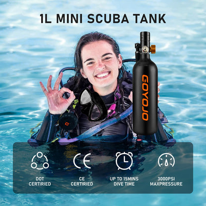 GOYOJO 1L Mini Scuba Tank with Mask – DOT Certified Portable Diving Air Tank, 3000 PSI Max Pressure, Pony Bottle Underwater Breathing Device for Snorkeling & Scuba Diving (Black)