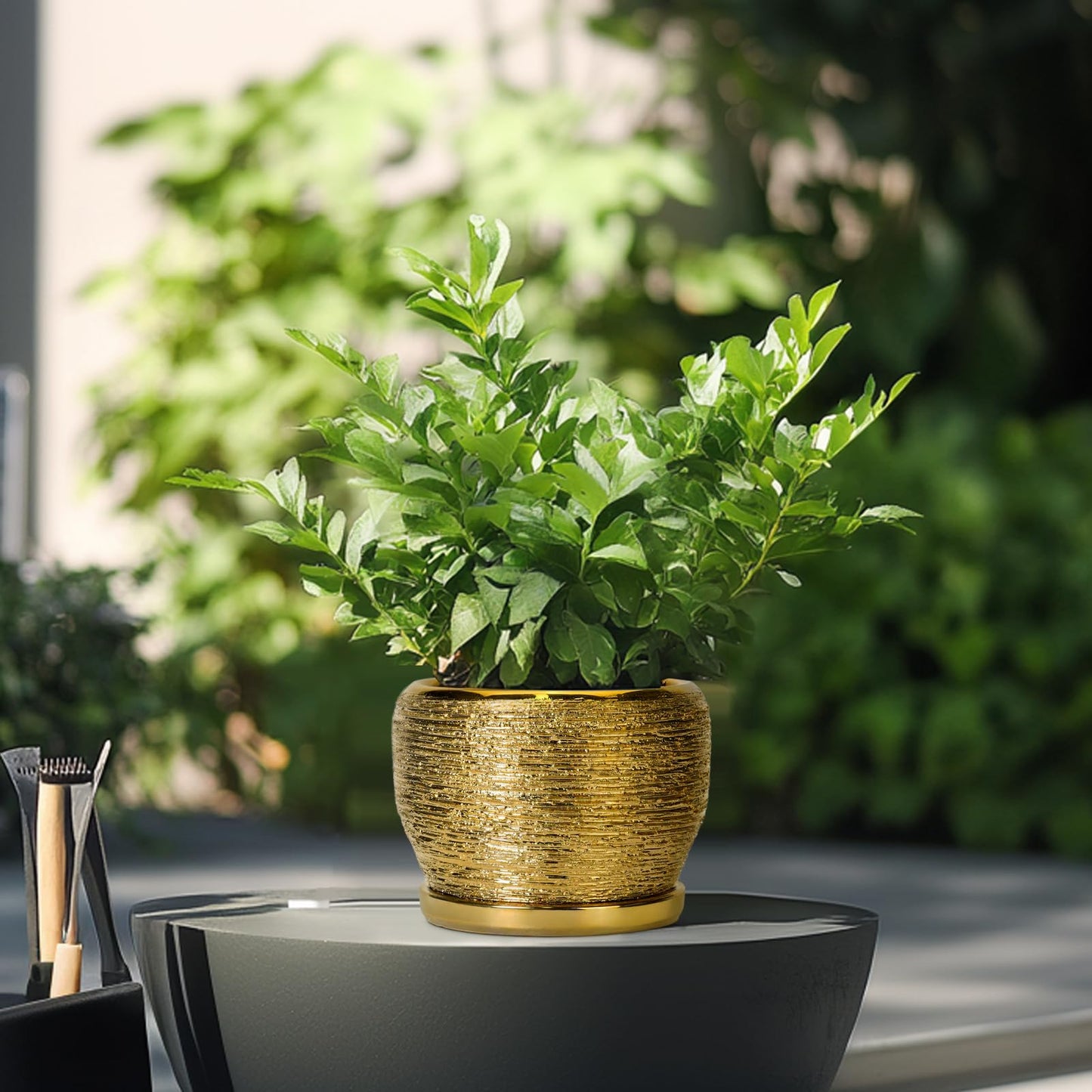 SQOWL Ceramic Planter - 6 Inch Plant Pot Indoor Outdoor, Modern Round Planter with Drainage Hole and Plant Saucer, Decorative Small Flower Pot, Home Decor, Birthday Gifts, Gold