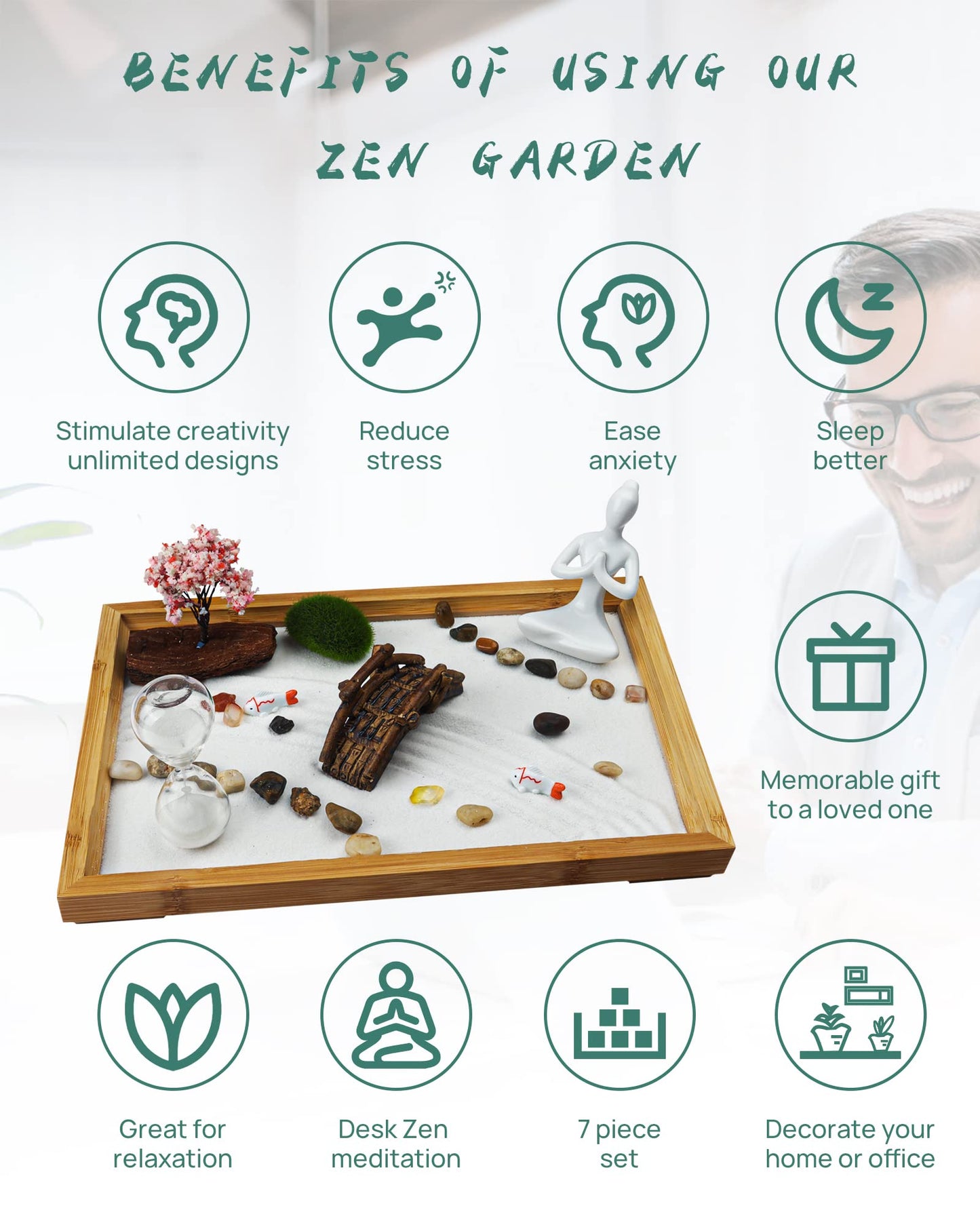 Melonva Japanese Zen Garden for Desk - Life Flows 12" x 8" Desktop Mini Zen Garden with White Sand Artificial Tree Rocks Rakes & Accessories - Meditation Zen Gifts Sand Tray Play Kit Zen Decor