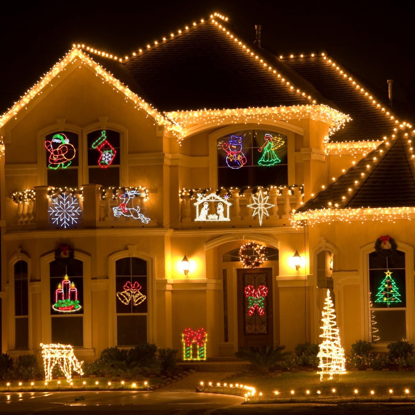 TRWYMZ Christmas Decorations - 16" Christmas Window Silhouette Lights - 4 Pack Colour Lighted Bell & Reindeer & Snowman & Angel for Holiday Indoor and Outdoor Wall Door Window Decorate