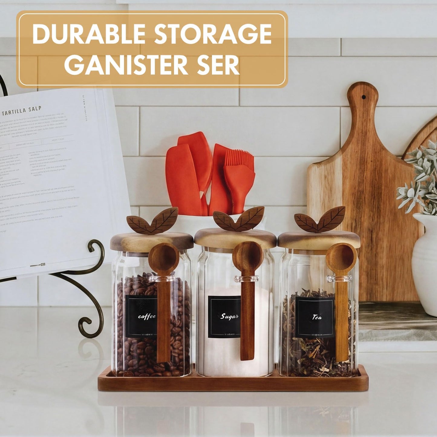 Suclain 3 Sets Glass Coffee Sugar Tea Canister 27 oz Airtight Food Storage Jar with Wooden Lid Spoon Shelf Labels Clear Glass Container for Sugar Coffee Bean Holder Salt Tea Housewarming Gift