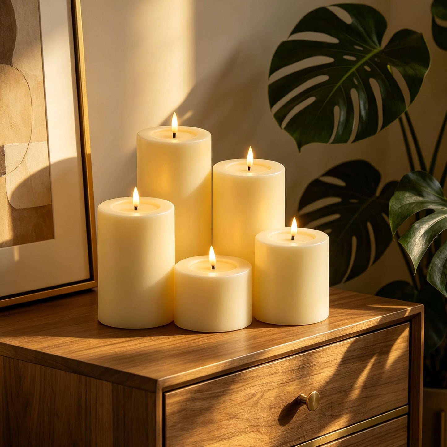 kakoya 5 Pack Flickering Flameless LED Candles with Remote,D3 x H3/4"/5"/6"/7" Battery Operated Pillar Candles Only Need 1 AA Battery Each for Home Wedding Holiday Decor,Ivory