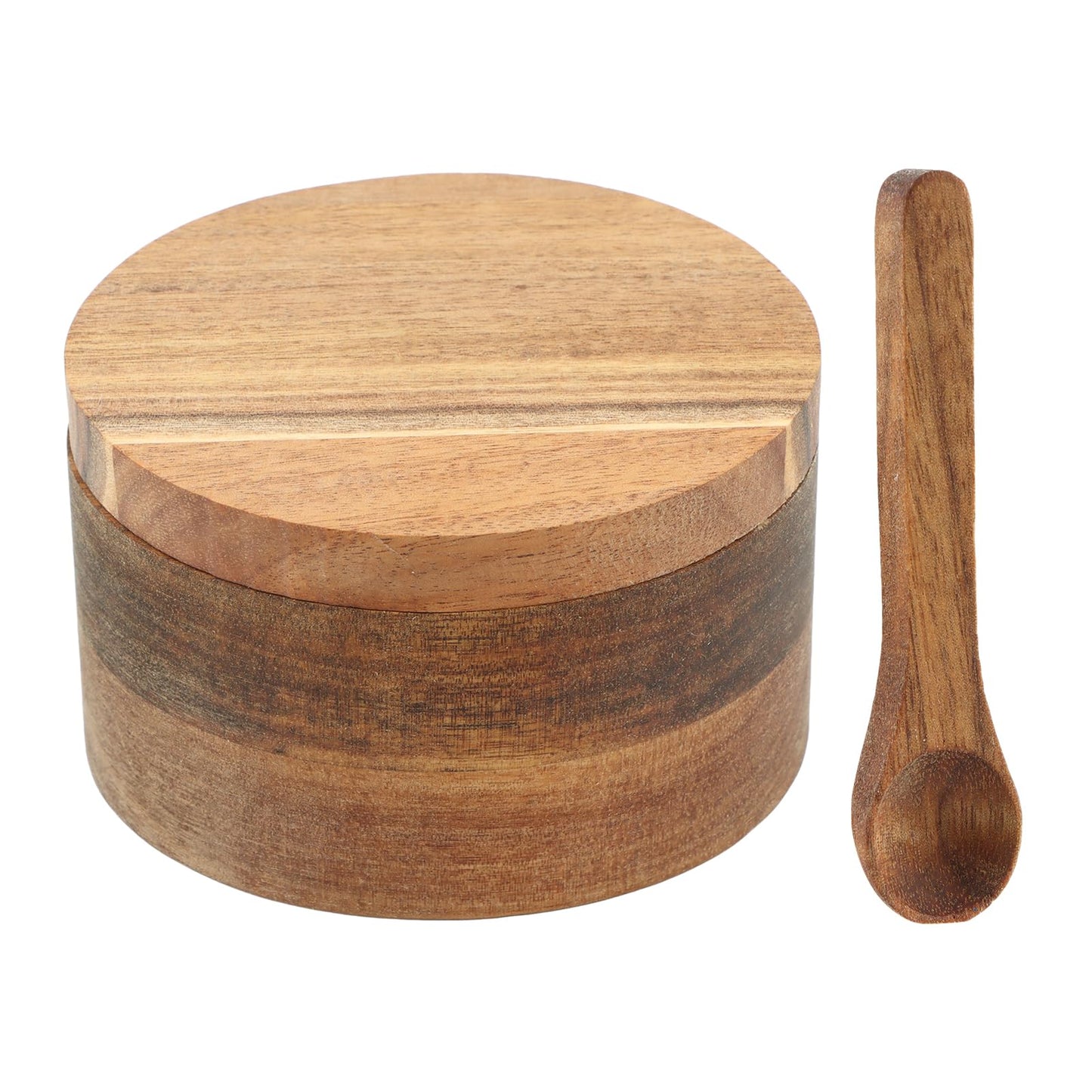 Velarionna Wood Salt and Pepper Bowl, AcaciaWood Salt Cellar with Built-in Spoon and Magnetic Swivel Lid, Container Holder to Storage Pepper Spice(SIZE:L)