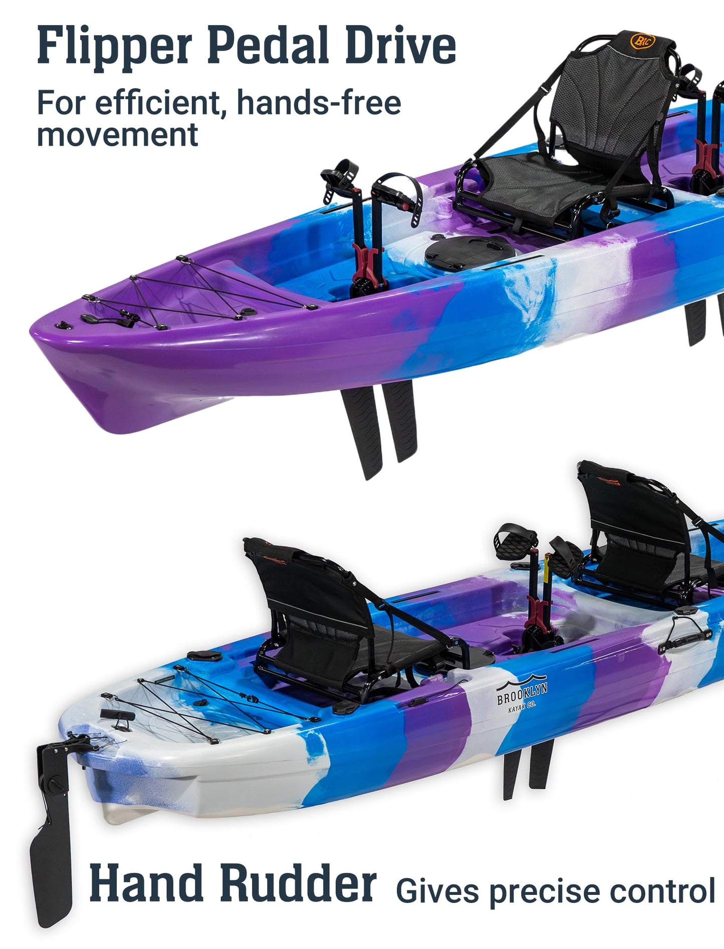 Upgraded Brooklyn 13.5 Tandem Pedal Kayak by BKC, 2 Person Sit-On-Top Pedal Drive Kayak, 680 lb Capacity, Dual Flipper Pedals, Rudder Steering, for Fishing & Touring