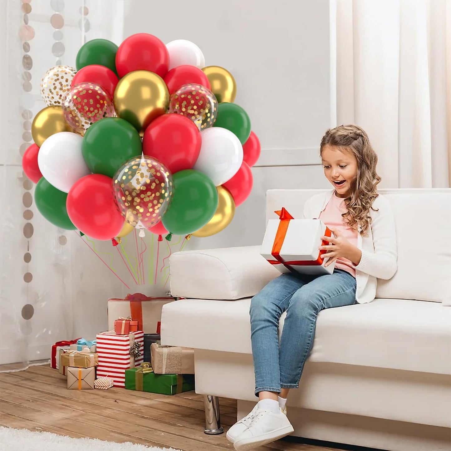 Patimate Red and Green Christmas Balloons Set, 50 pcs 12 inch Metallic Gold Green Red White Confetti Latex Balloons Kit for Christmas Grinch Birthday Party Decorations